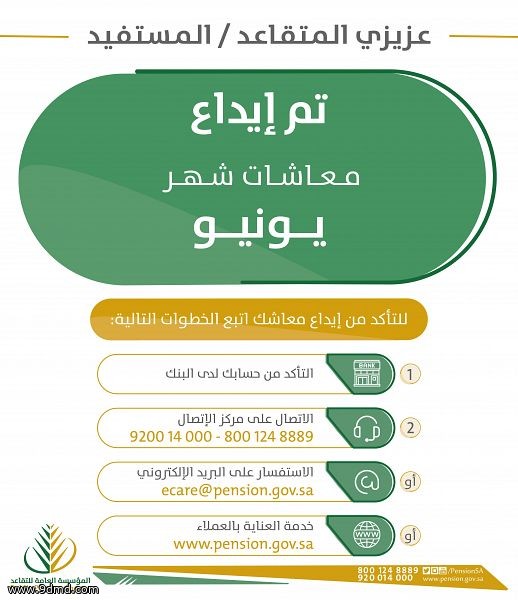 ‎عام / "التقاعد" تودع أكثر من 6,6 مليارات ريال في حسابات عملائها لشهر يونيو